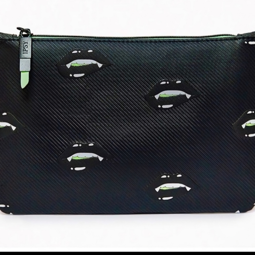 VAMPIRE Lips & Fangs Makeup/ Cosmetic Bag, Black & Lime Green